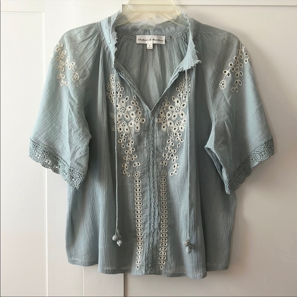 Flowy Cotton Sage Green Blouse with eyelet and lace detail